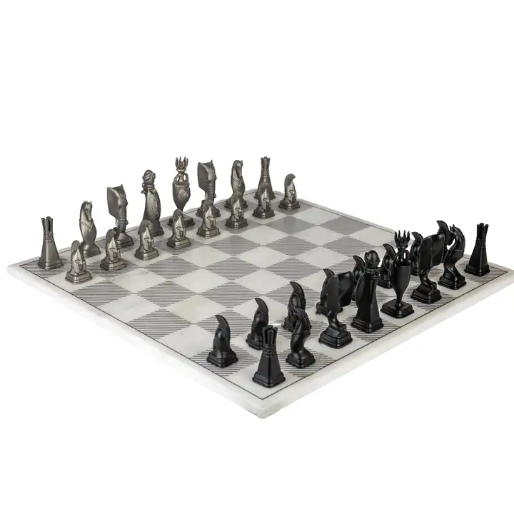 Aegean Lands Stainless Steel Chess Set with Marble Board