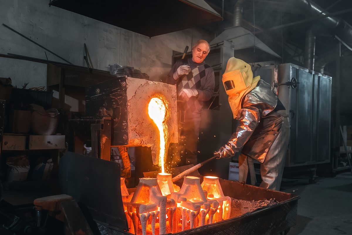 Molten stainless steel poured into the preheated ceramic mould, investment casting, Istanbul