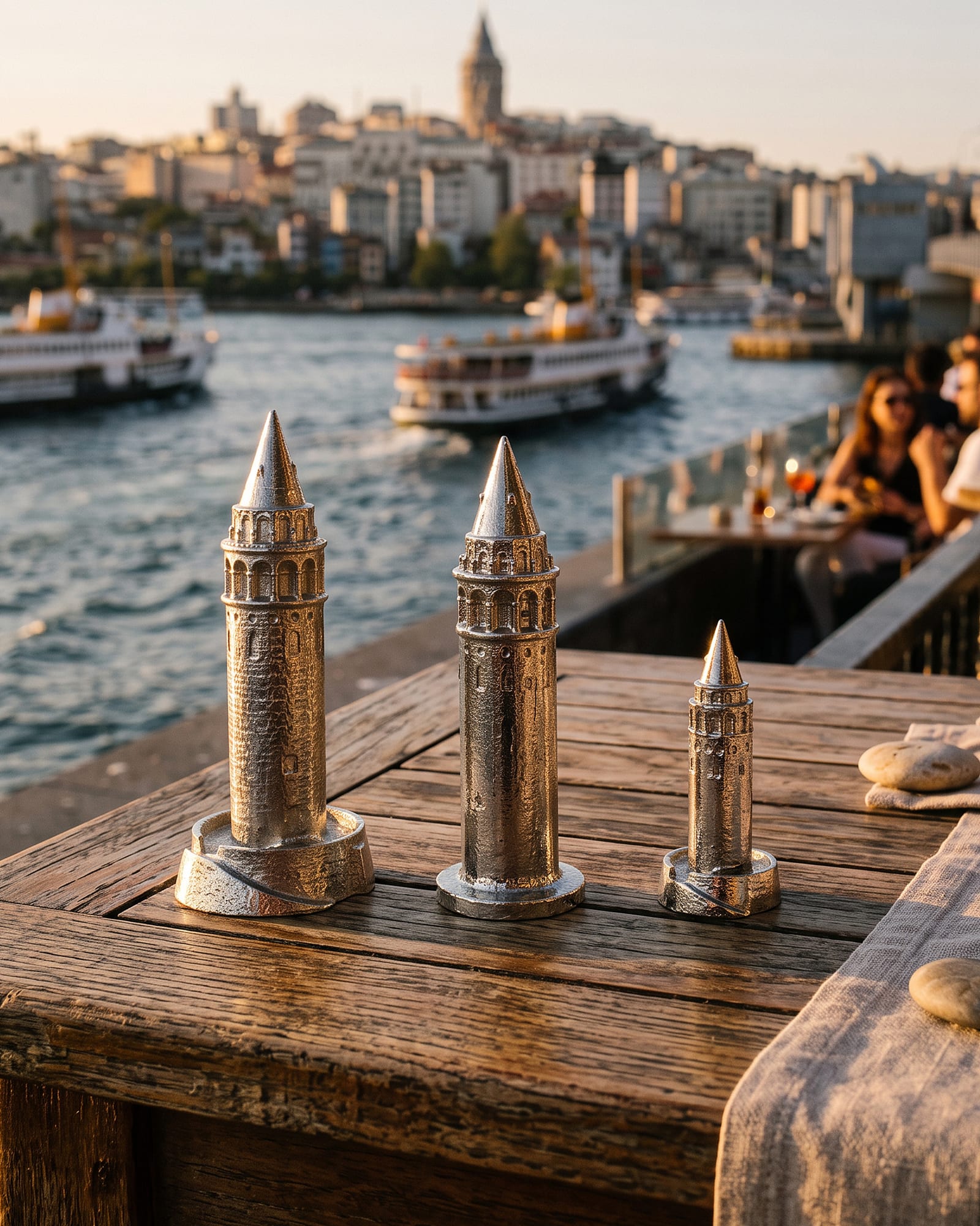 Üç boydaki Galata Kulesi minyatürü, İstanbul silueti ve vapurların önünde bir terasta